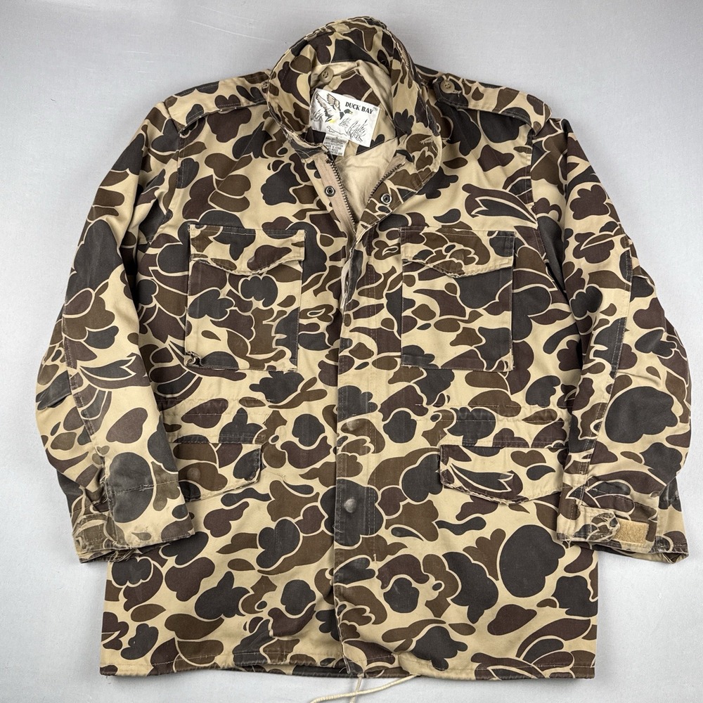 Vintage Duck Bay Duck Camo Field Jacket Stowaway Hood Hunting Size M